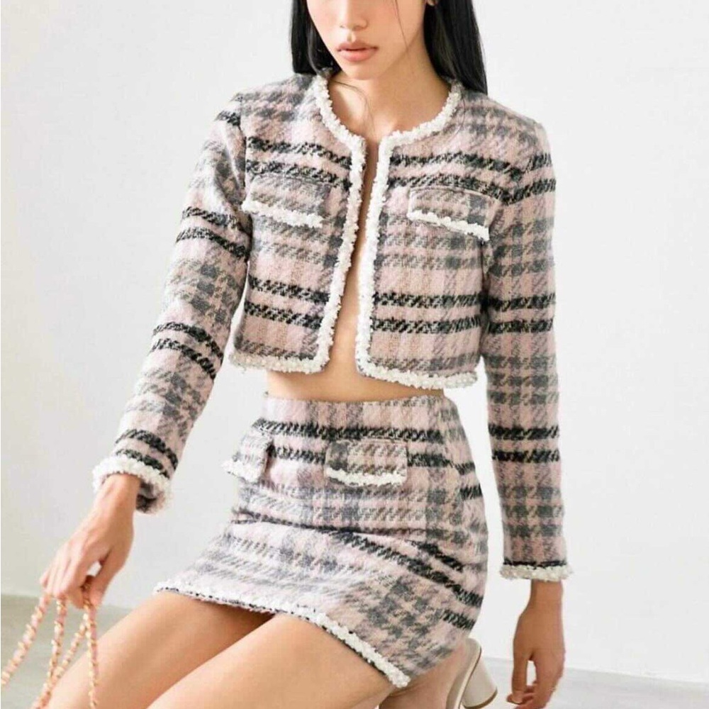Plaid Tweed Skirt Set - Pink and Black
